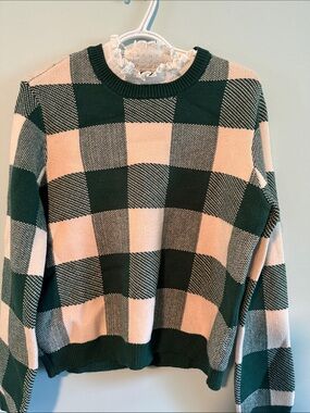 Anthropologie Green and Cream Buffalo Check Crewneck Sweater